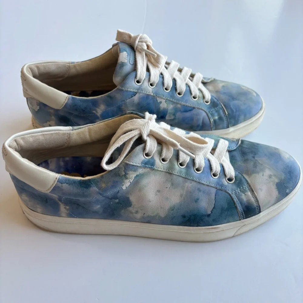 SH4 Sam Edelman Blue Watercolor Cloud Print Leather Sneakers Casual Women 10M